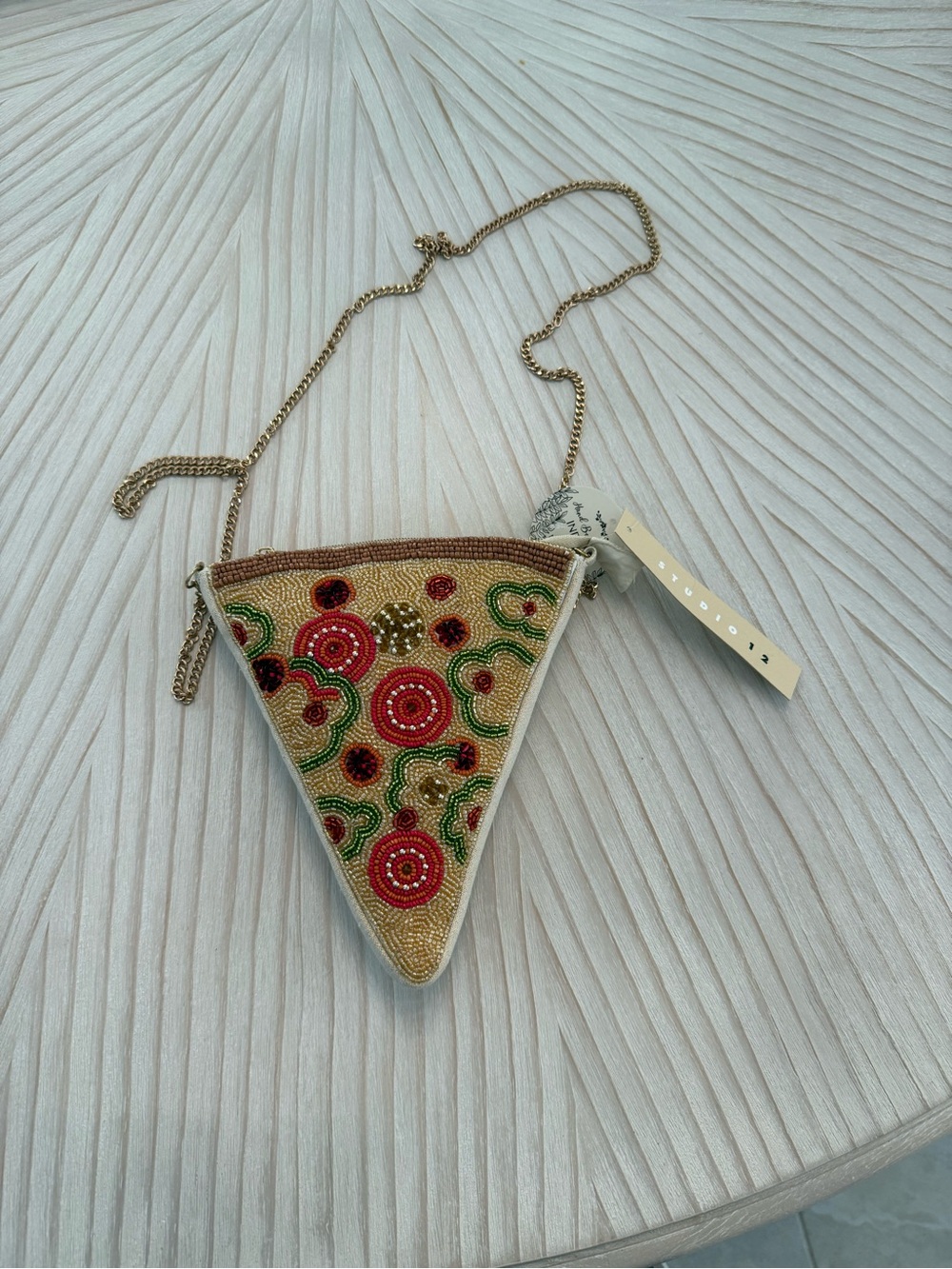 Beaded Pizza Slice Crossbody Bag - Multicolor, Gold Chain